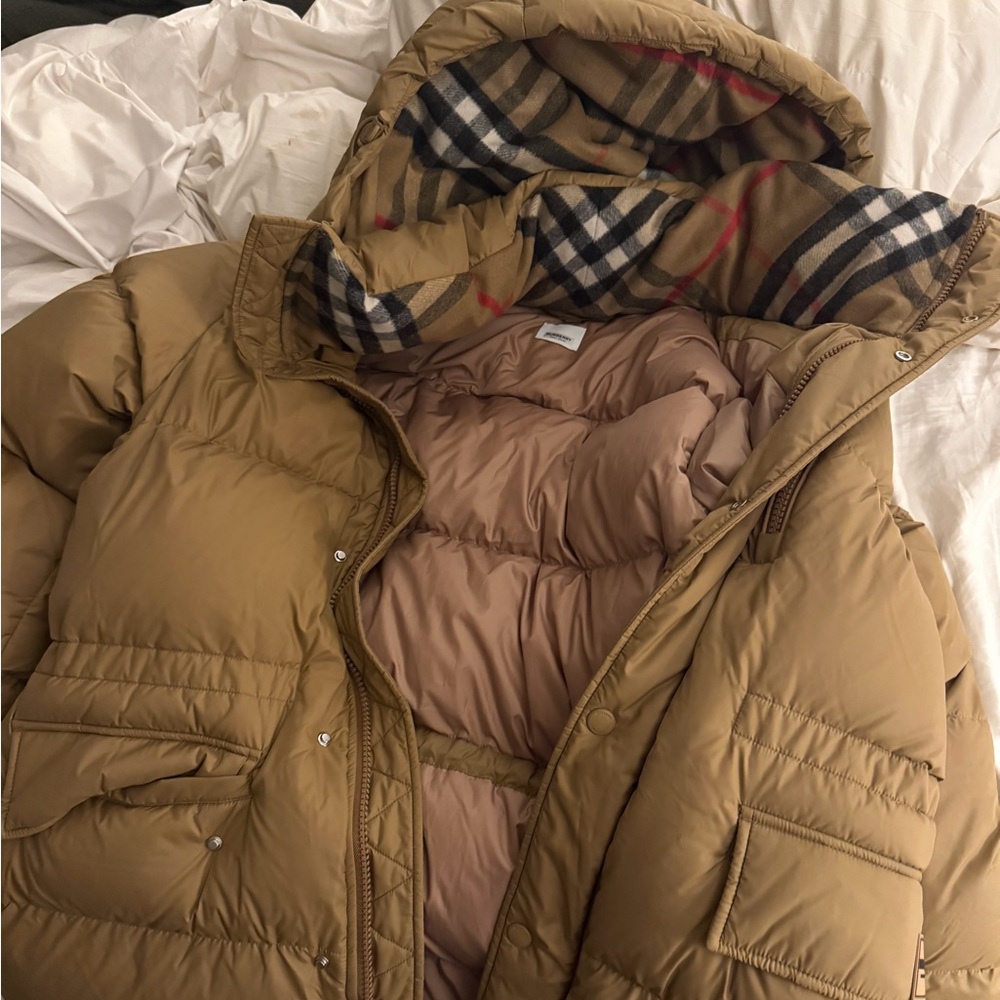 Burberry Checkered Puffer Coat in Tan and Black